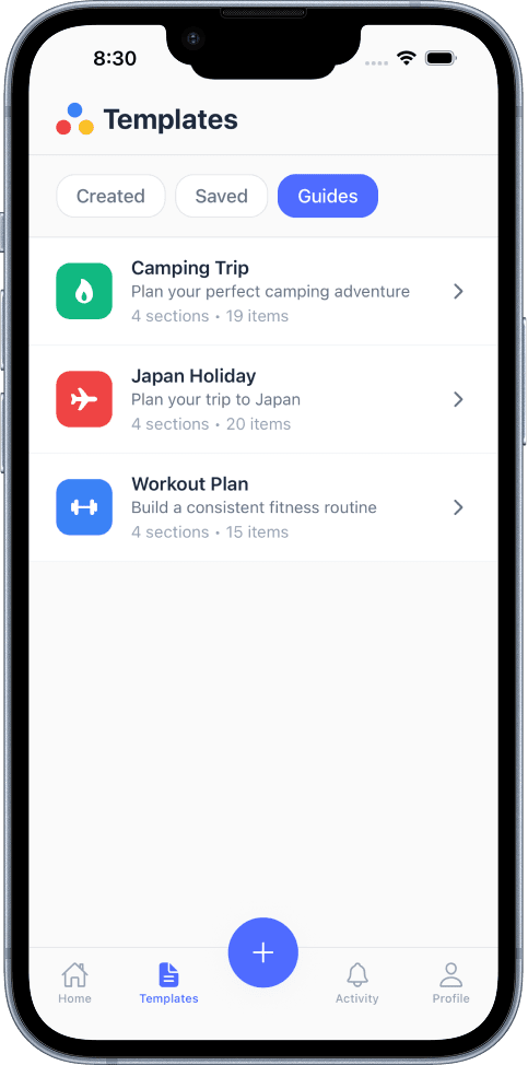 Huddl app – templates